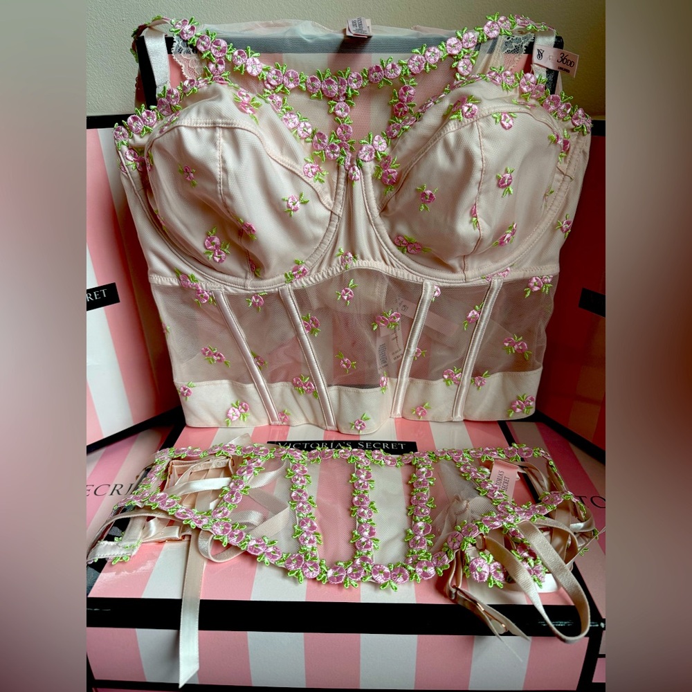Victoria's Secret Rosebud Embroidery 3 Set NEW Corset 36 DD panty L Garter XS/S